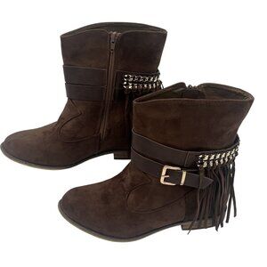 Womens Brown Suede Fringe Boots W/ Gold Embellishment & Side Zipper Size 10